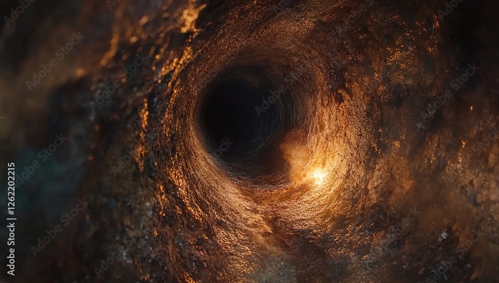 Fototapeta premium Descending into Darkness: A Glowing Tunnel's Mysterious Depth, Exploring the Unseen Depths of Earth's Core