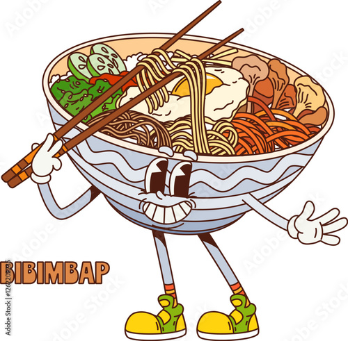 Cartoon bibimbap Korean groovy cuisine food character with a cheerful expression, holding chopsticks with noodles. Vector traditional Korean meal bowl with ingredients such as an egg and vegetables