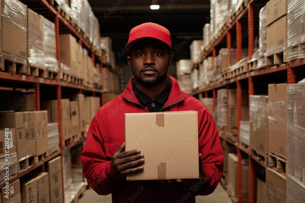 African male adult delivery worker holding package in warehouse aisle African male adult delivery worker holding package in warehouse aisle