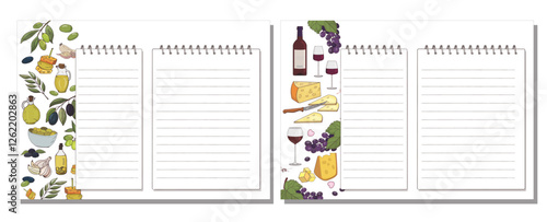 Cookbook pages with drawings of red wine, olive and olive oil, cheese, grapes. Vector illustration