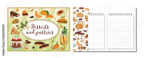 Page and cover for cookbook recipe record book with drawings of baked goods and desserts. Vector illustration
