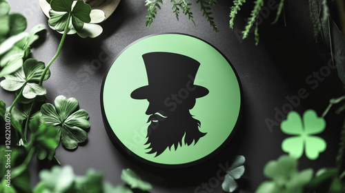 A black silhouette of a bearded leprechaun wearing a top hat is displayed on a green circular background, surrounded by shamrocks and clovers, symbolizing Saint Patrick’s Day and Irish folklore. photo