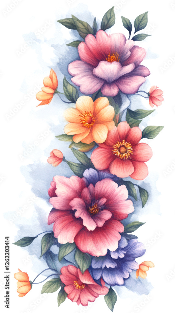 Obraz premium peony flowers are a beautiful concept. Colorful floral watercolor arrangement with various blooms and green leaves.