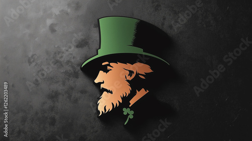 A minimalist illustration of a leprechaun's profile with a green hat and a shamrock on a dark textured background, symbolizing Irish folklore and Saint Patrick's Day traditions photo