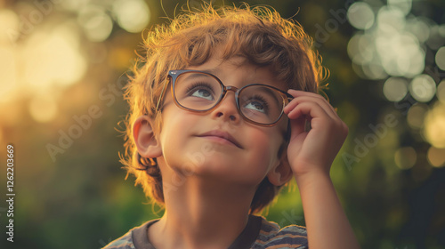 Nachdenklicher kleiner Junge mit roten Locken und runder Brille im warmen Abendlicht. Kindliche Neugier und Unbeschwertheit spiegeln sich in seinem verträumten Blick wider photo