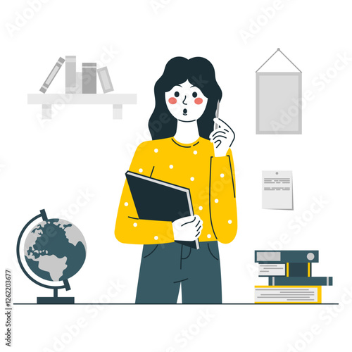 A flat character, a student girl with a magazine in her hands, who found the answer. Globe, books, notes