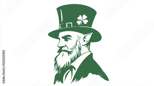 A minimalist vector-style illustration of a leprechaun with a long beard, pointed ears, and a green hat adorned with a shamrock, representing Irish folklore and St. Patrick’s Day celebrations. photo