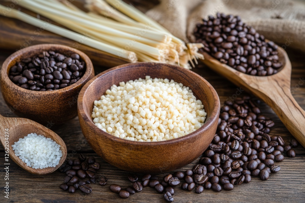 Wooden bowls of couscous and coffee beans on rustic table