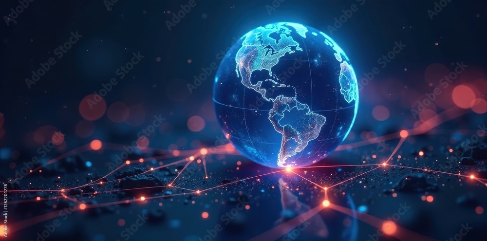 Obraz premium Blue globe encased in glowing network lines, futuristic technology , global network, technology