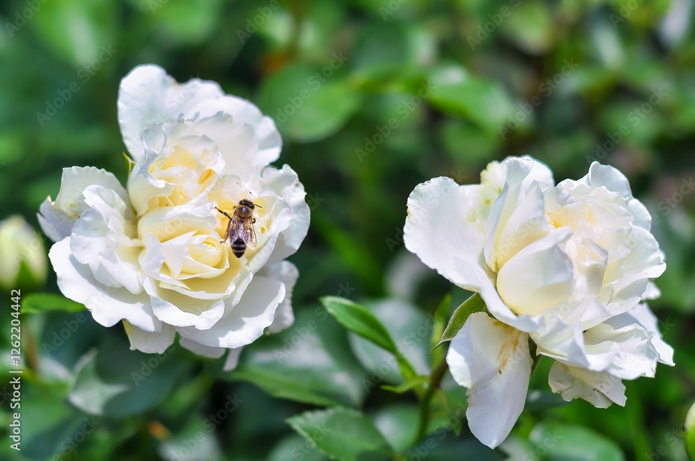 Honeybee on a pristine white rose, petals gently unfurling in the sun, surrounded by vibrant green leaves. Honeybee on a pristine white rose, petals gently unfurling in the sun, surrounded by vibrant green leaves.