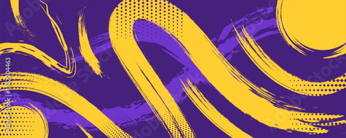 Yellow brush abstract sports background with grunge texture, brush stroke and halftone effect