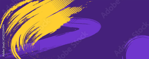 Brush stroke yellow and purple abstract sports background with grunge texture, and halftone effect
