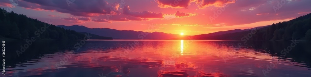 Fiery hues paint the lake's calm surface at sunset , reflection, sunset Fiery hues paint the lake's calm surface at sunset , reflection, sunset
