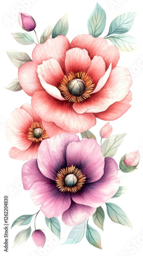 peony flowers are a beautiful concept. Colorful floral illustration featuring pink and purple blooms with leaves.