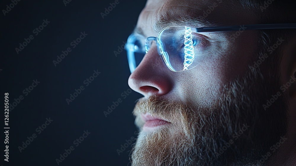 Male scientist in futuristic glowing glasses analyzing data in a dimly lit lab, representing technological innovation, modern research, and advanced digital science tools Male scientist in futuristic glowing glasses analyzing data in a dimly lit lab, representing technological innovation, modern research, and advanced digital science tools