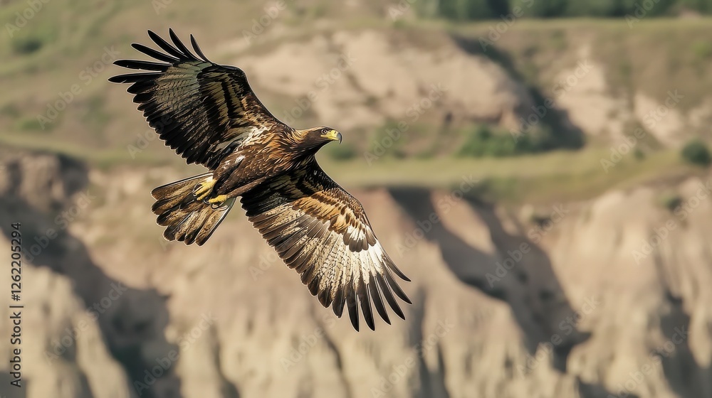 Fototapeta premium Majestic Eagle in Flight Over Rugged Landscape with Soft Focus Background