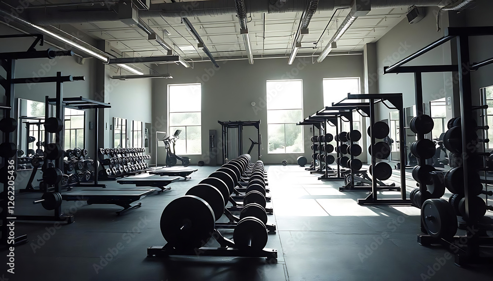 Fototapeta premium Modern Gym Interior with Natural Light, Gym center, Modern Fitness Gym with Exercise Equipment, created with generative ai
