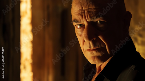 Intense man with serious expression in dimly lit room, showcasing strong features and dramatic lighting photo