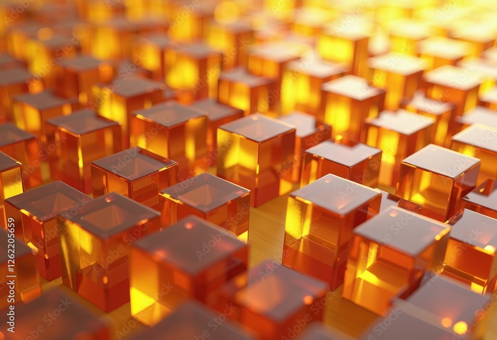 3D Render: Vibrant Golden Cubes on a Yellow Background with Reflective Mirage. A close up of a group of glowing cubes. 3D Render: Vibrant Golden Cubes on a Yellow Background with Reflective Mirage. A close up of a group of glowing cubes.