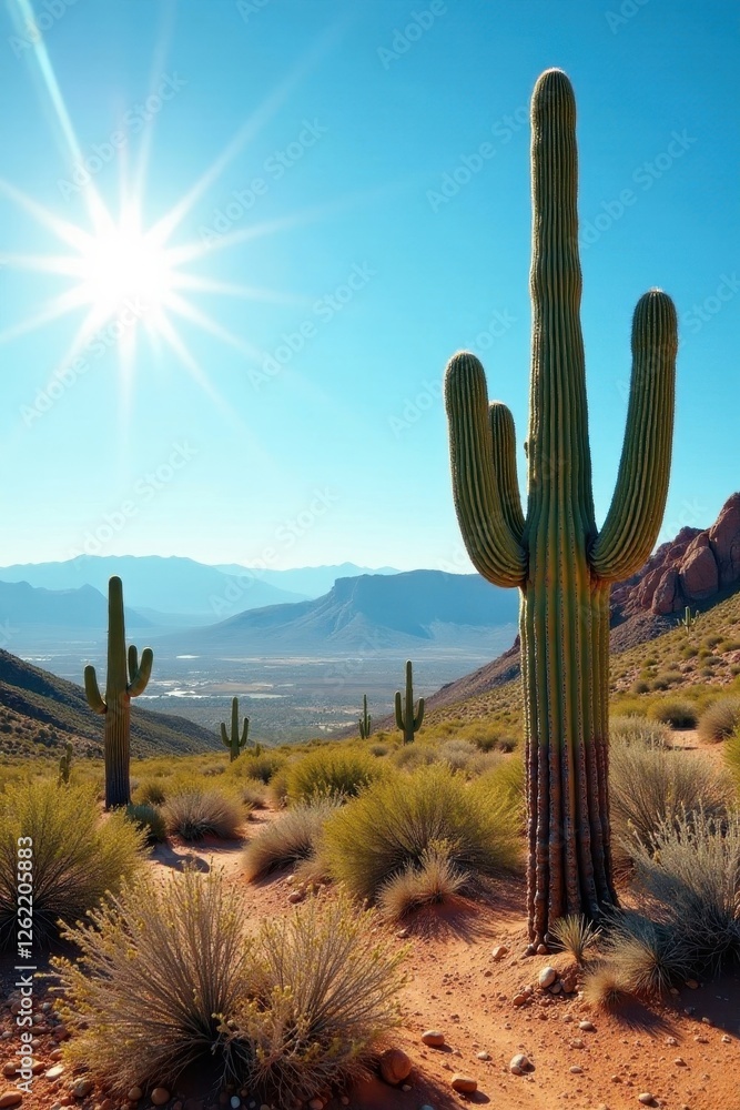 Sun-baked saguaro cacti dominate arid landscape , heat, wildlife, canyon Sun-baked saguaro cacti dominate arid landscape , heat, wildlife, canyon