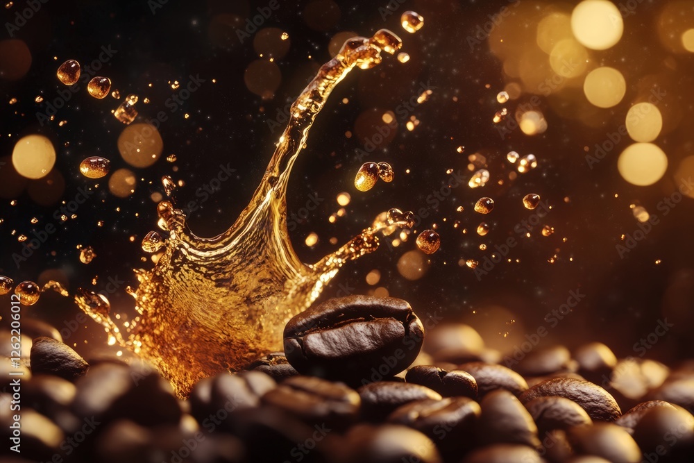 Coffee beans with splash of liquid and golden bokeh background Coffee beans with splash of liquid and golden bokeh background