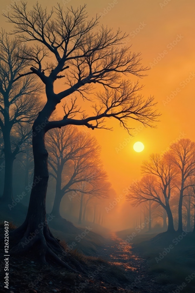 Fototapeta premium Twisted, leafless branches against an orange and grey, misty sky , autumn, landscape