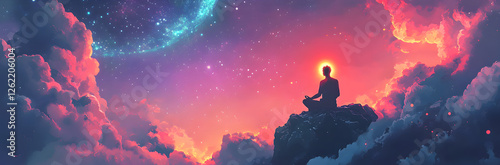 A person meditating on top of the world, with an ethereal sky above and stars twinkling in the background
