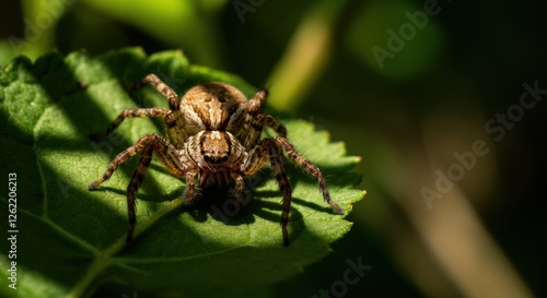 Brown wolf spider on leaf in sunlit garden close-up