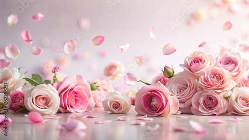 A Delicate Arrangement of Pink Roses with Falling Petals, a Symbol of Elegance and Beauty