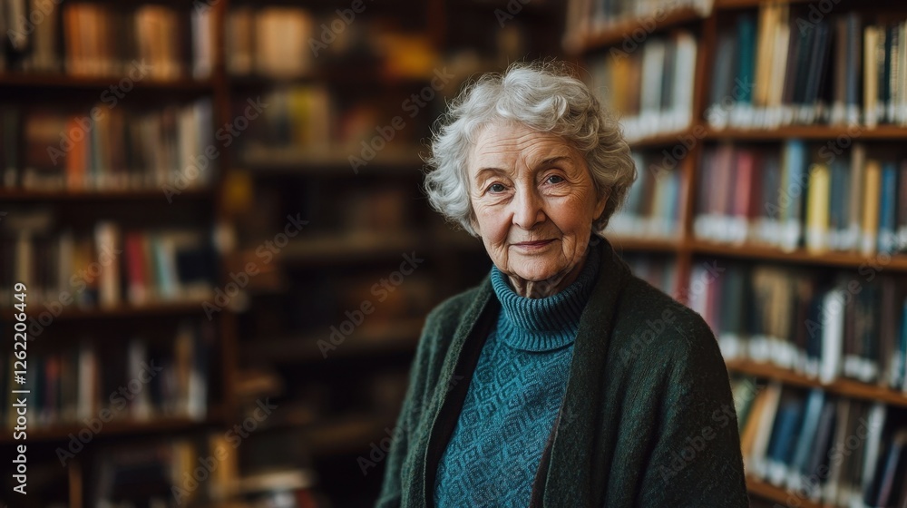 A portrait of an elderly woman standing in a library filled with books. She embodies warmth and wisdom, representing a love for knowledge and education. A portrait of an elderly woman standing in a library filled with books. She embodies warmth and wisdom, representing a love for knowledge and education.
