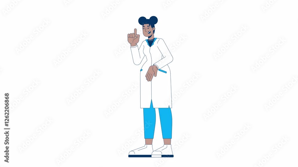 Black female scientist with lab coat and pointing gesture 2D character animation. Specialist cartoon 4K video, alpha channel. STEM researcher african american woman animated person on white background Black female scientist with lab coat and pointing gesture 2D character animation. Specialist cartoon 4K video, alpha channel. STEM researcher african american woman animated person on white background