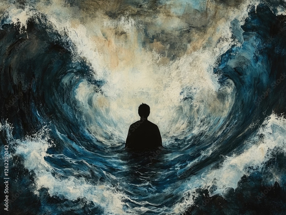 Obraz premium Silhouette in turbulent ocean; powerful waves.