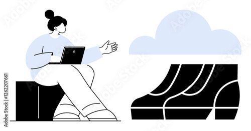 Person sitting with laptop, discussing or interacting with cloud storage represented as server racks inside a cloud icon. Ideal for technology, cloud computing, remote work, digital storage, data