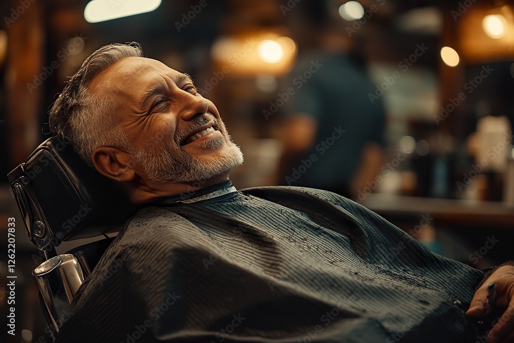 A happy customer reclining in an elegant barber chair. A happy customer reclining in an elegant barber chair.