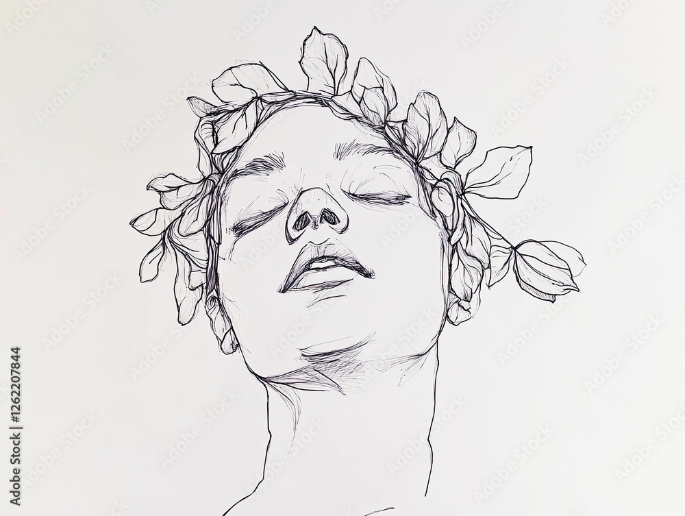 Fototapeta premium Line drawing, serene face, floral crown, elegant, detailed.