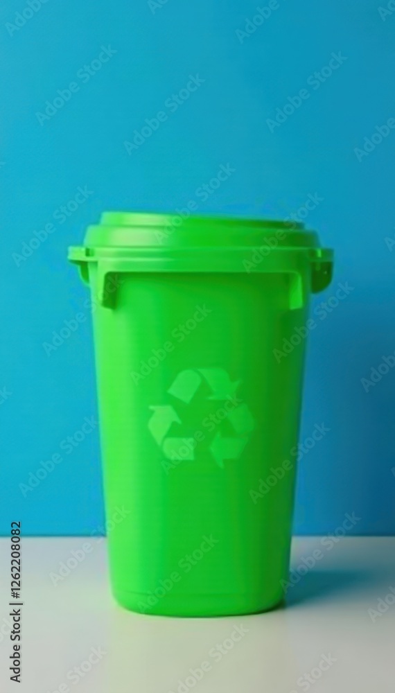 Green plastic recycling bin on blue, ample copy space, bright, vibrant Green plastic recycling bin on blue, ample copy space, bright, vibrant