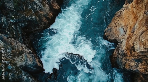 Fast-flowing river cascading through rocky terrain. Clear water rushing over rugged stones, surrounded by greenery and wild landscape. Generative AI.