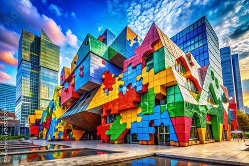 Abstract 3D Puzzle Architecture, Geometric Building Blocks, Modern Design, Colorful Interlocking Shapes