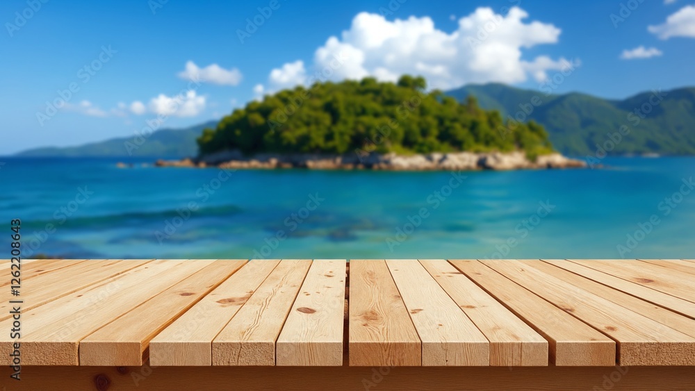 Fototapeta premium Wooden table on the background of the sea, island and the blue sky