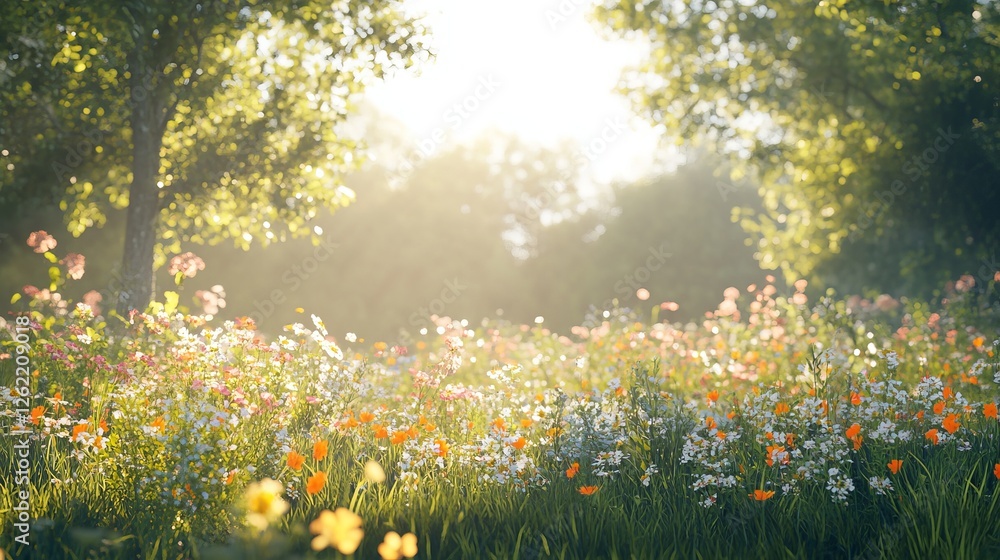 Vibrant Field of Colorful Flowers Stretching towards a Clear Blue Sky with Lush Green Trees in the Background Creating a Peaceful and Picturesque Natural Landscape Full of Life Vibrant Field of Colorful Flowers Stretching towards a Clear Blue Sky with Lush Green Trees in the Background Creating a Peaceful and Picturesque Natural Landscape Full of Life