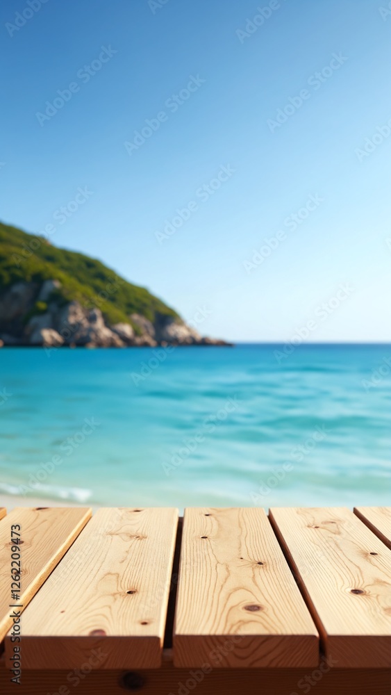Fototapeta premium Wooden table on the background of the sea, island and the blue sky