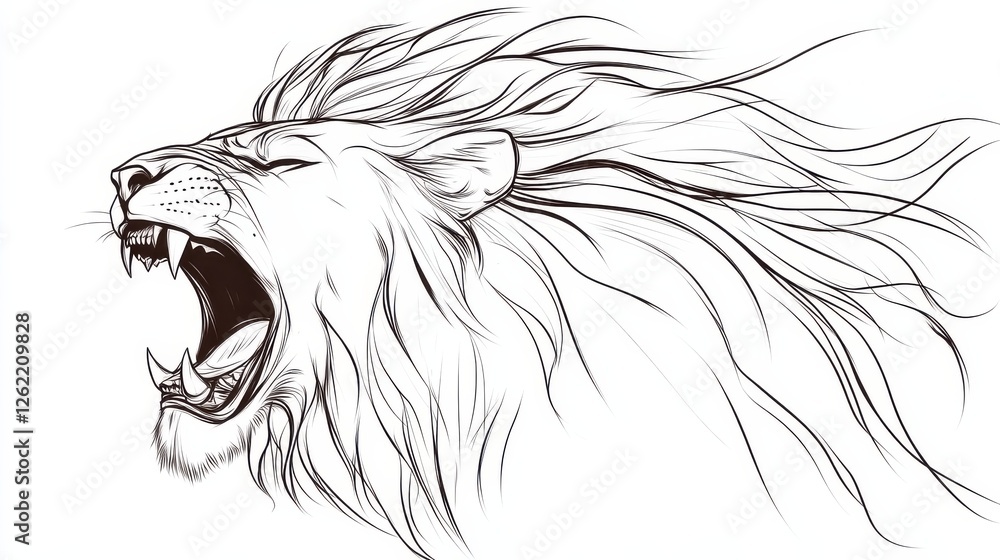 Obraz premium Majestic Lion Roaring with Flowing Mane in Black and White Art