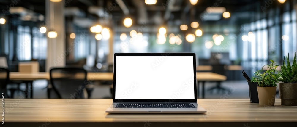Laptop Mockup Office Desk, Coworking Space, Blank Screen Laptop Mockup Office Desk, Coworking Space, Blank Screen