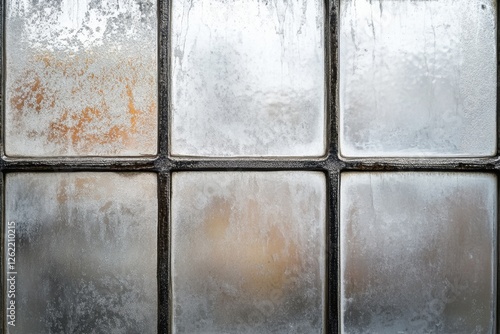 Old window with frost and textured glass is shown