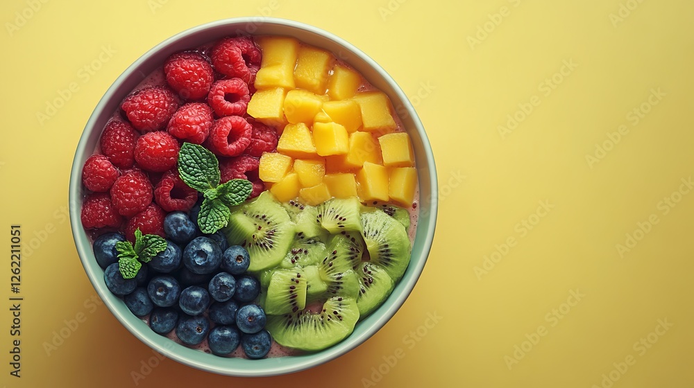 Vibrant Bowl of Freshly Picked Fruits Including Apples Bananas Oranges and Grapes Arranged Aesthetically on a Bright Yellow Background Evoking Cheerfulness and Healthy Living Vibrant Bowl of Freshly Picked Fruits Including Apples Bananas Oranges and Grapes Arranged Aesthetically on a Bright Yellow Background Evoking Cheerfulness and Healthy Living
