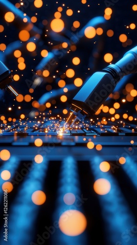 A close-up of a welding process, featuring bright sparks and blurred bokeh lights in a dark setting, creating a dynamic industrial atmosphere.
