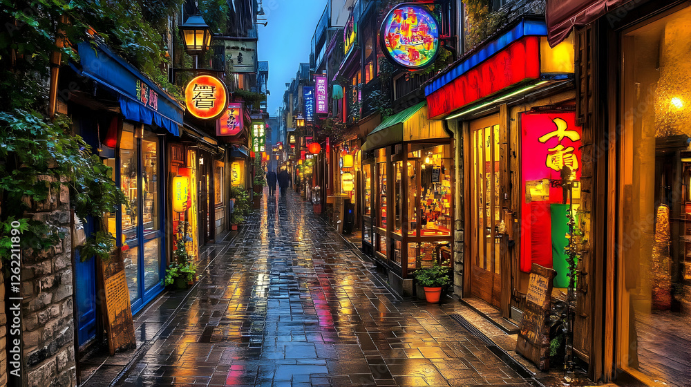 Fototapeta premium A captivating, rain-soaked street in Japan, vibrant with glowing shopfronts, traditional lanterns, and the warm hues of night. Explore the enchanting atmosphere of this bustling alleyway.