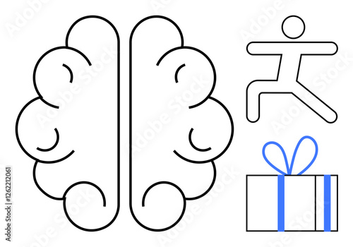 Brain outline in black next to a running figure and a gift box with a blue ribbon. Ideal for mental health, physical activity, generosity, mindfulness, brain training, motivation, personal growth