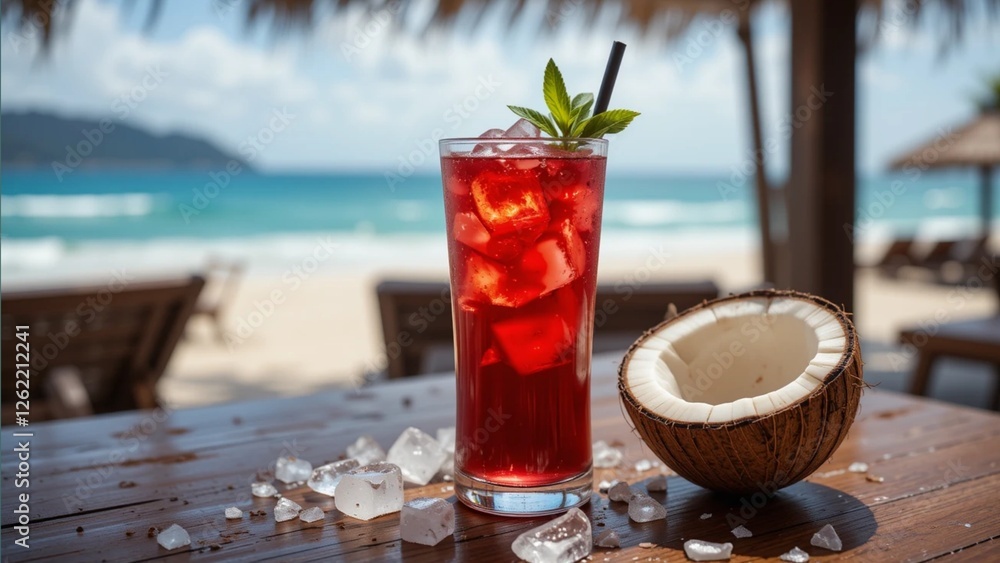 A glass of cold red syrup filled with ice cubes serve on a wooden surface alongside a half-coconut, bathed in the warm sunlight of a tropical beach setting. A glass of cold red syrup filled with ice cubes serve on a wooden surface alongside a half-coconut, bathed in the warm sunlight of a tropical beach setting.