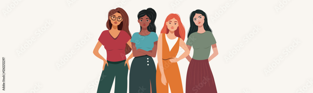 Women's day. Vector flat banner with space for text, different women stand together, symbolize female friendship, freedom and strength. Concept of feminism, gender equality and protection of women's Women's day. Vector flat banner with space for text, different women stand together, symbolize female friendship, freedom and strength. Concept of feminism, gender equality and protection of women's